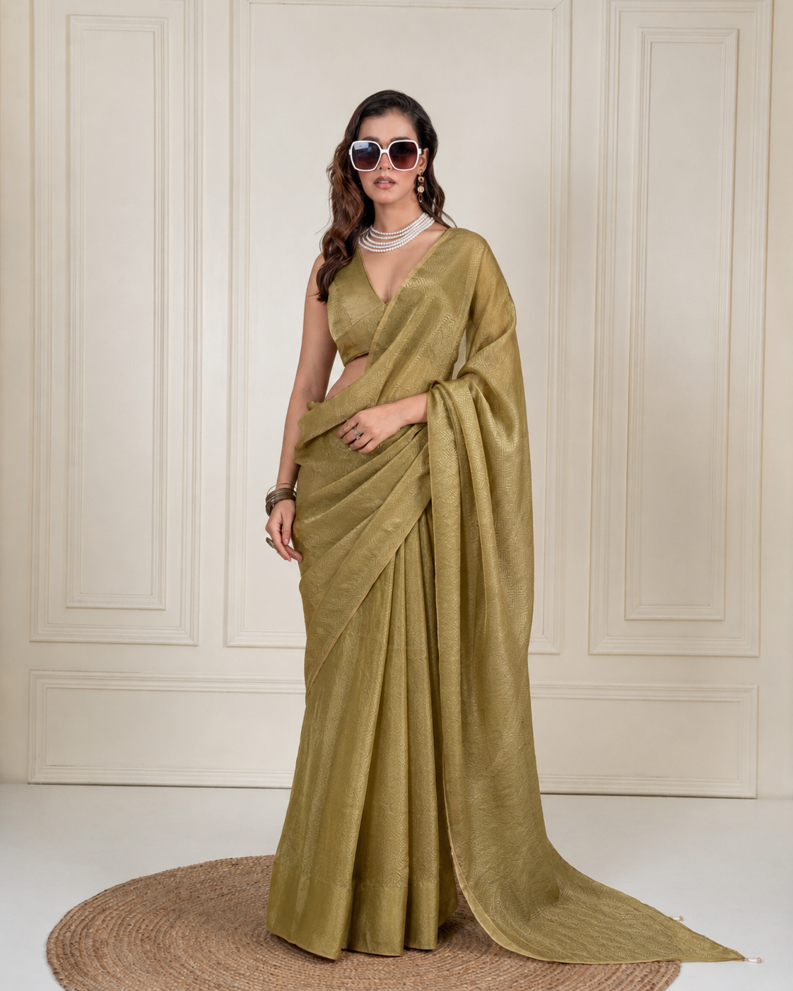 Olive Green Fendi Satin Woven Zari Saree with Pearl Tassel Pallu and Matching Blouse Piece