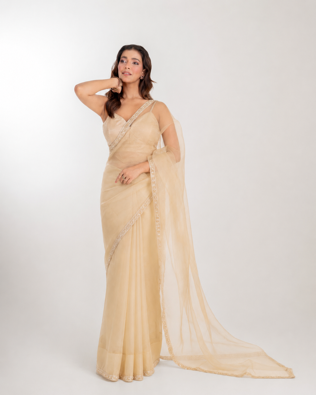 Champagne Organza Saree with Pearl & Cutdana Embroidered Lace Border and Matching Organza Blouse Piece