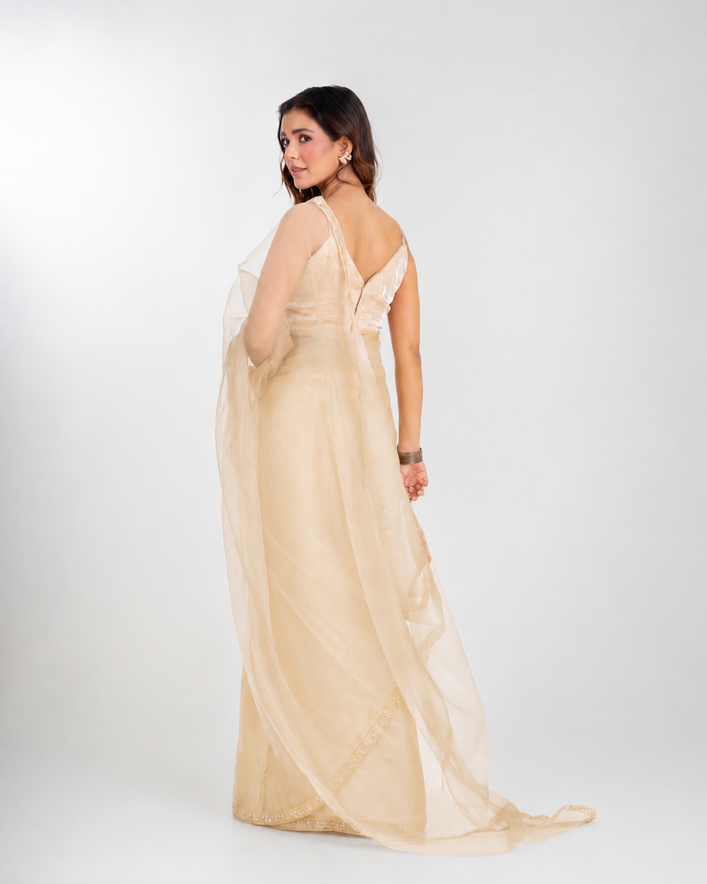 Champagne Organza Saree with Pearl & Cutdana Embroidered Lace Border and Matching Organza Blouse Piece