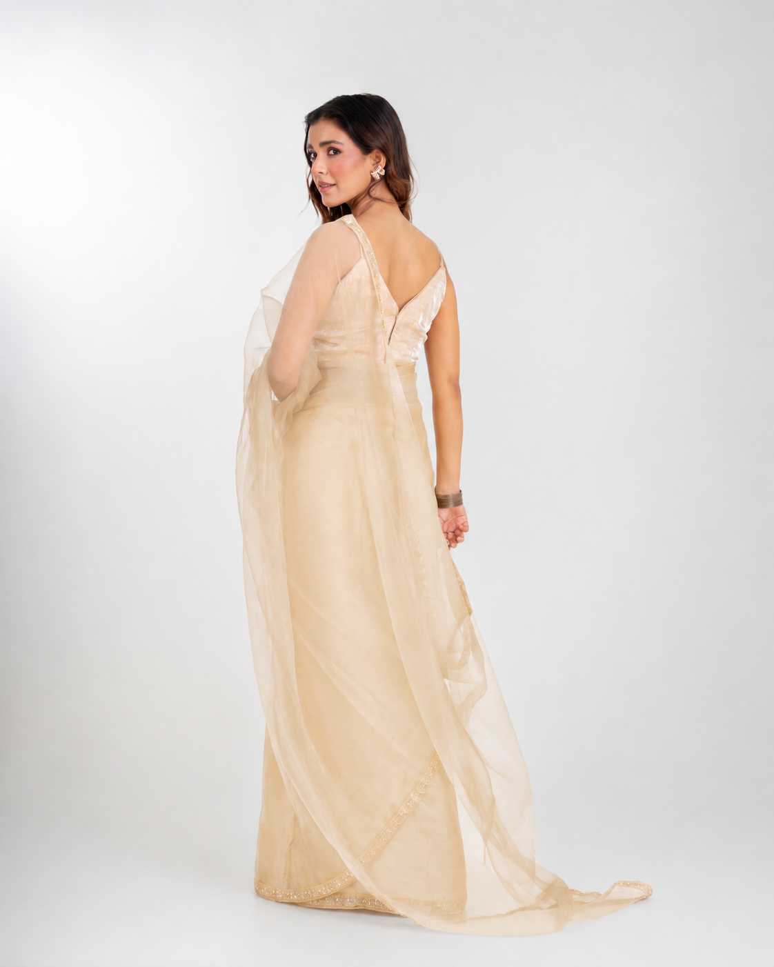 Champagne Organza Saree with Pearl & Cutdana Embroidered Lace Border and Matching Organza Blouse Piece
