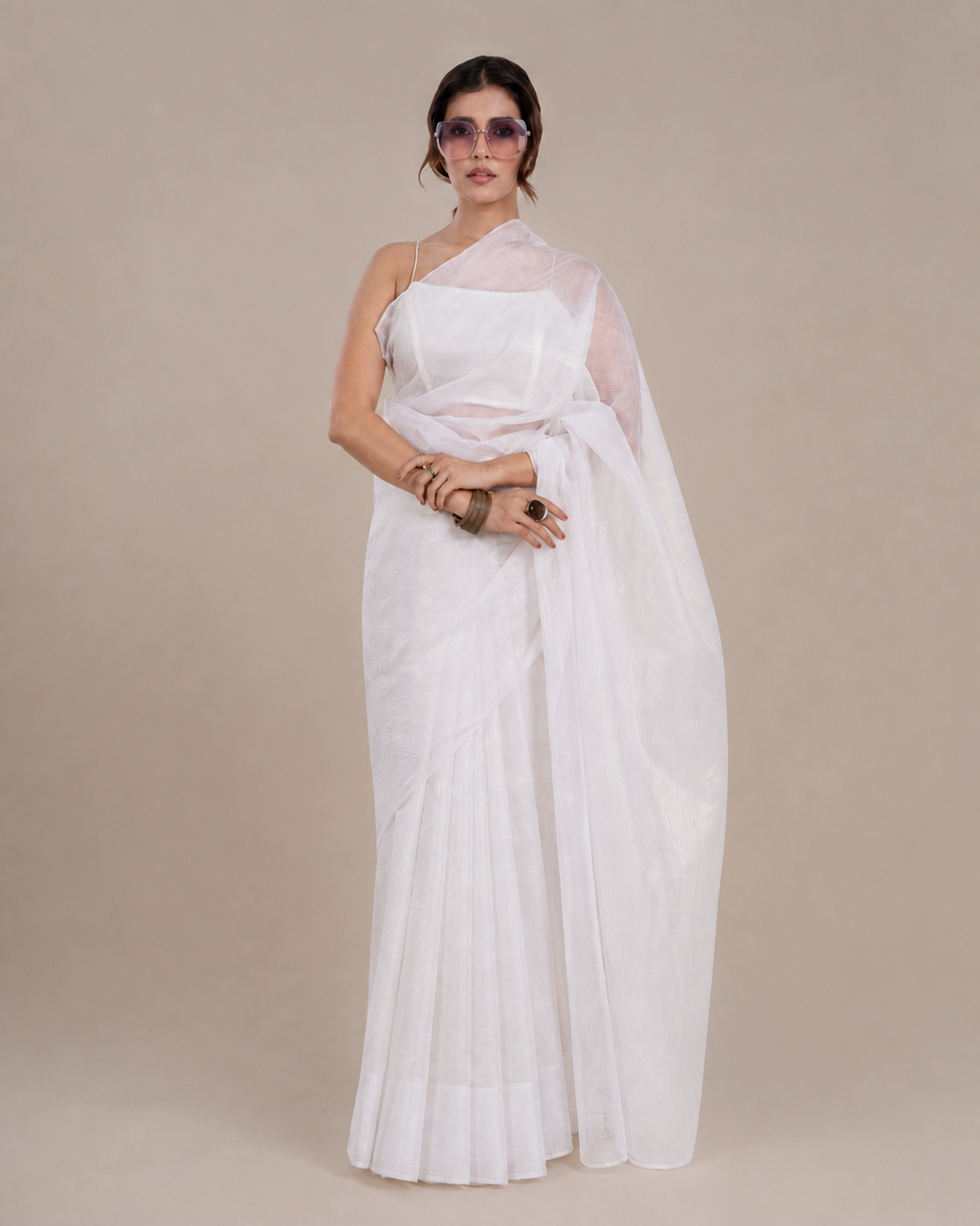 Ivory Crushed Chiffon Saree with Gold Coating, Handcrafted Tassels and Matching Blouse Piece