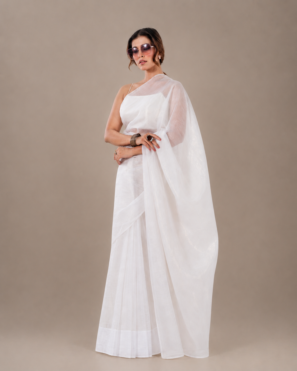 Ivory Crushed Chiffon Saree with Gold Coating, Handcrafted Tassels and Matching Blouse Piece