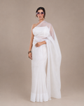 Ivory Crushed Chiffon Saree with Gold Coating, Handcrafted Tassels and Matching Blouse Piece