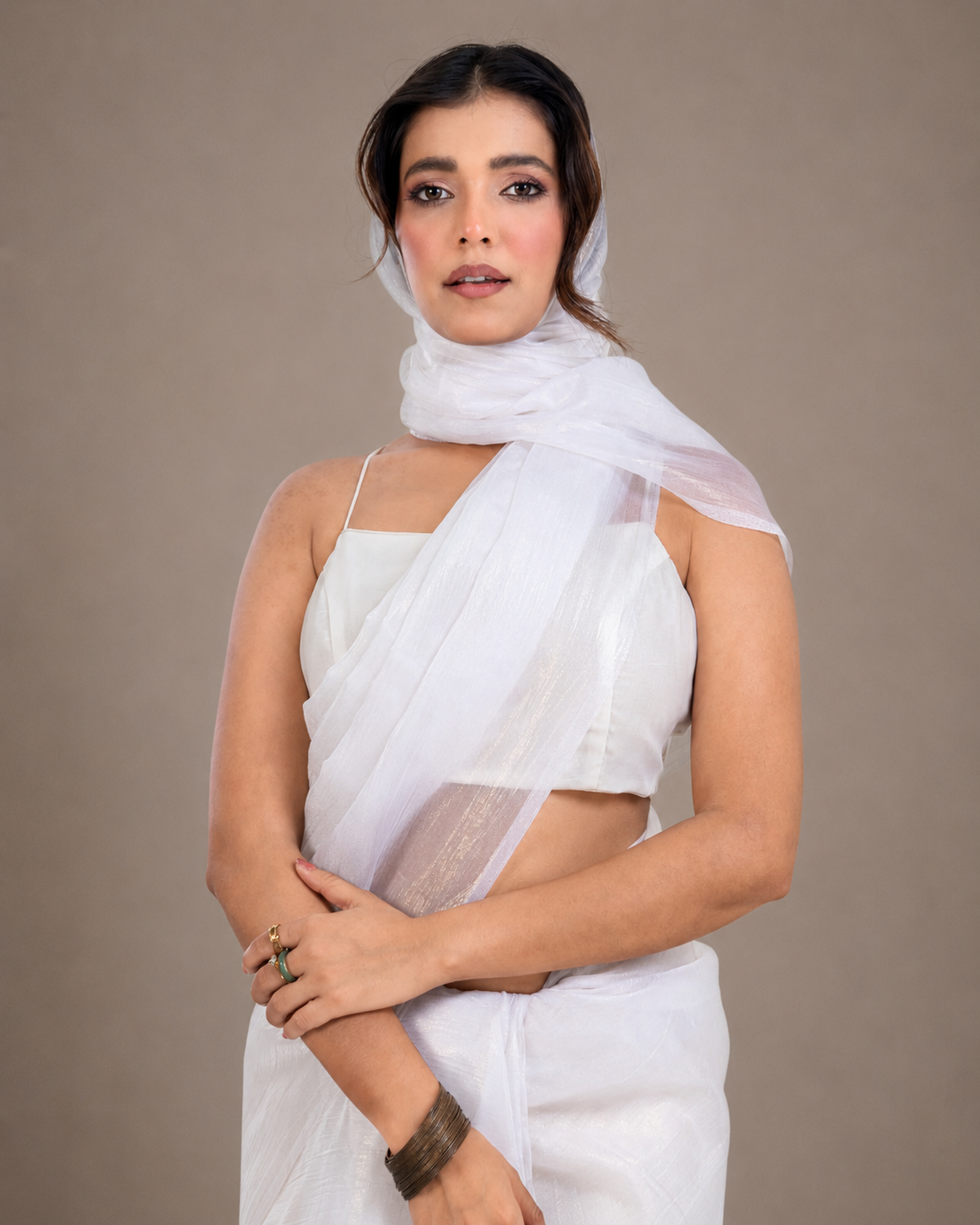 Ivory Crushed Chiffon Saree with Gold Coating, Handcrafted Tassels and Matching Blouse Piece