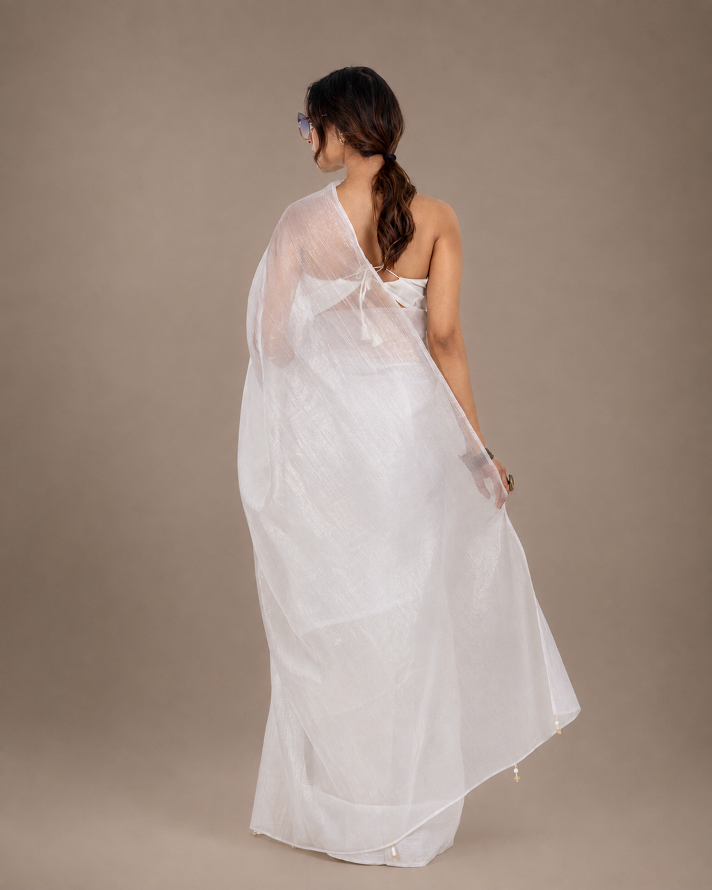Ivory Crushed Chiffon Saree with Gold Coating, Handcrafted Tassels and Matching Blouse Piece