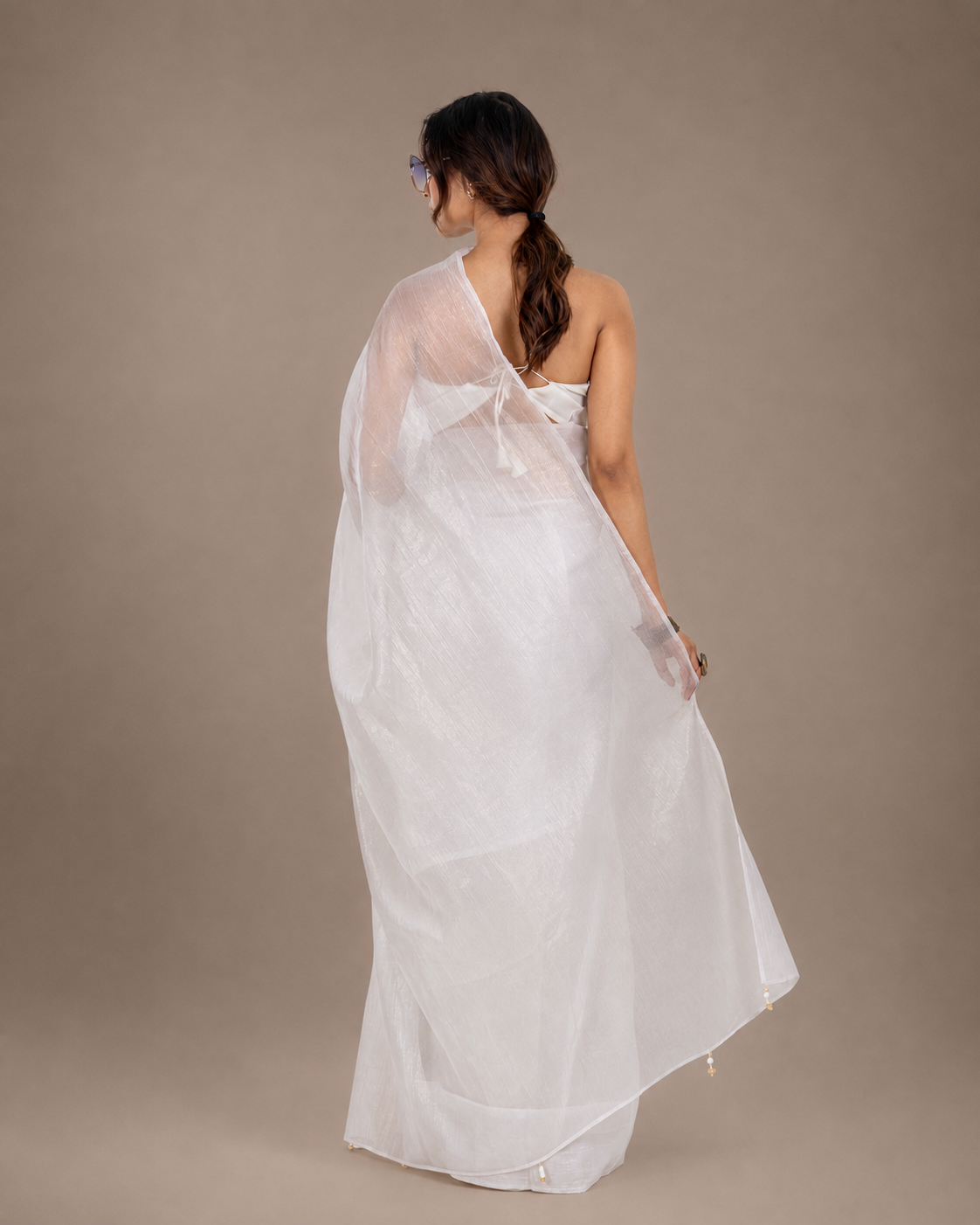 Ivory Crushed Chiffon Saree with Gold Coating, Handcrafted Tassels and Matching Blouse Piece