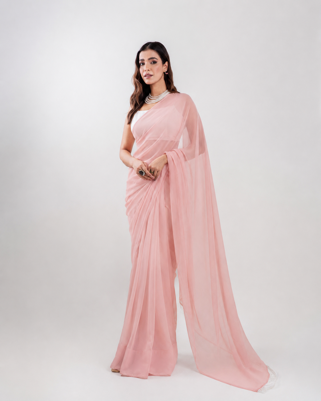 Blush Pink Georgette Saree with Ivory Panel & Drop Lace Border with Self Blouse Piece