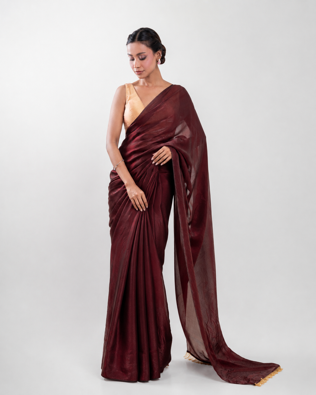 Burgundy Fendi Satin Saree with Handcrafted Beaded Lace and Matching Blouse Piece
