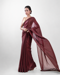 Burgundy Fendi Satin Saree with Handcrafted Beaded Lace and Matching Blouse Piece