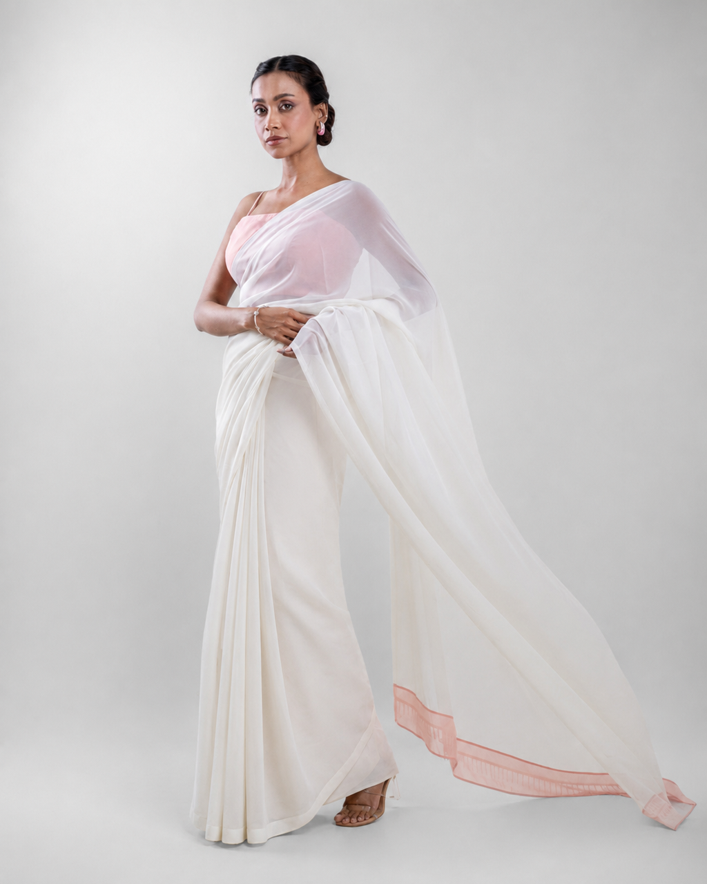 Ivory Georgette Saree with Blush Pink Panel & Drop Lace Border with Self Blouse Piece