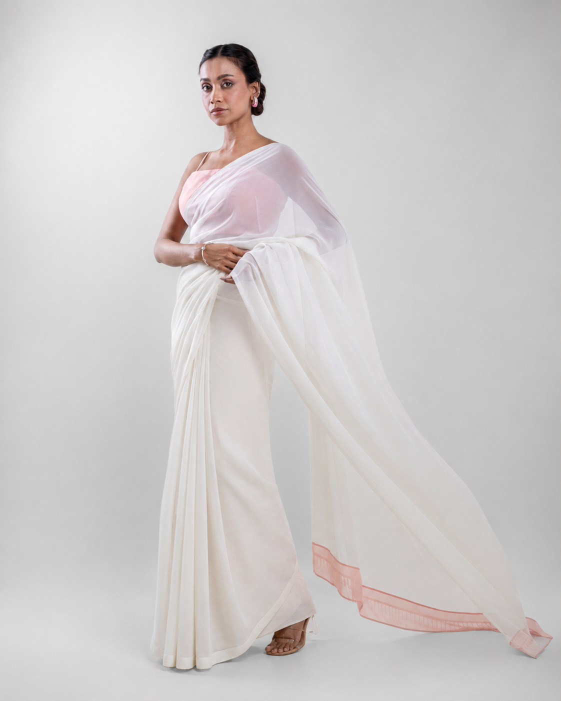 Ivory Georgette Saree with Blush Pink Panel & Drop Lace Border with Self Blouse Piece