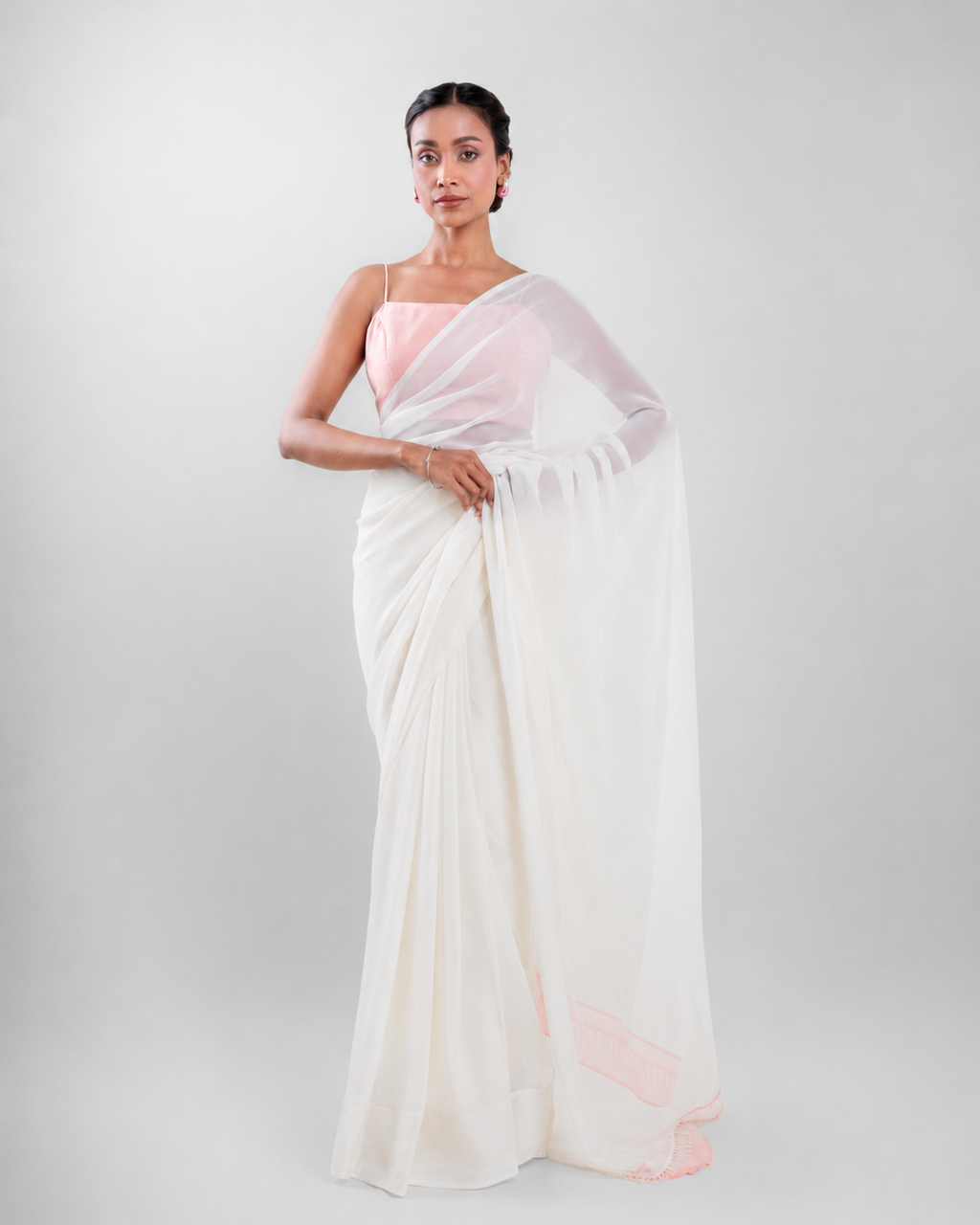 Ivory Georgette Saree with Blush Pink Panel & Drop Lace Border with Self Blouse Piece