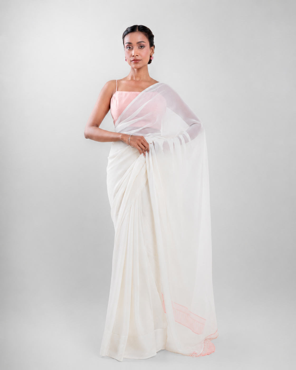 Ivory Georgette Saree with Blush Pink Panel & Drop Lace Border with Self Blouse Piece