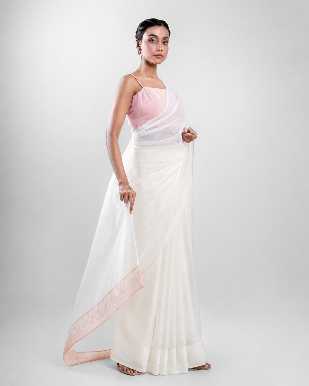 Ivory Georgette Saree with Blush Pink Panel & Drop Lace Border with Self Blouse Piece