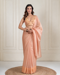 Peach Printed Chiffon Woven Zari Saree with Metallic Gold Blouse Piece