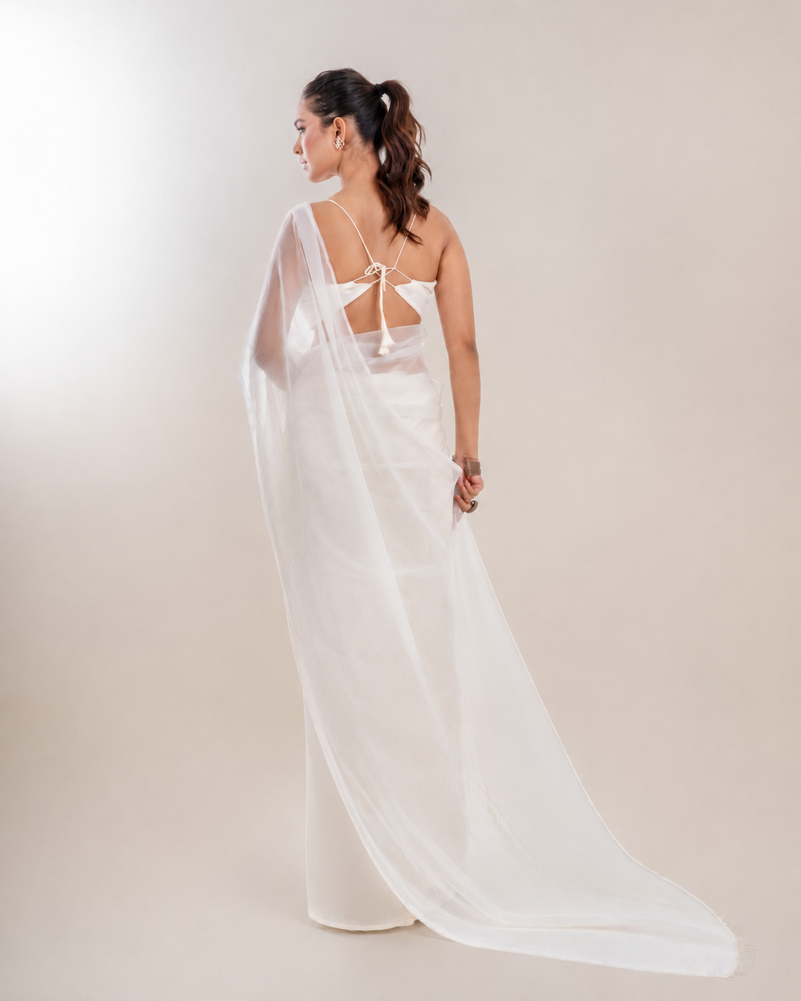 Ivory White Chiffon Saree with Handcrafted Crystal Drop Lace and Matching Blouse Piece