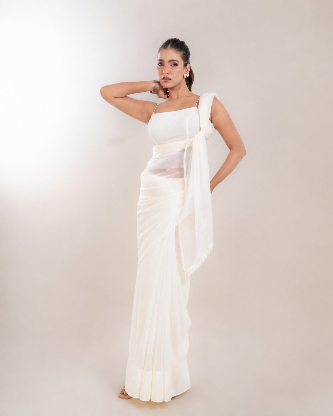 Ivory White Chiffon Saree with Handcrafted Crystal Drop Lace and Matching Blouse Piece