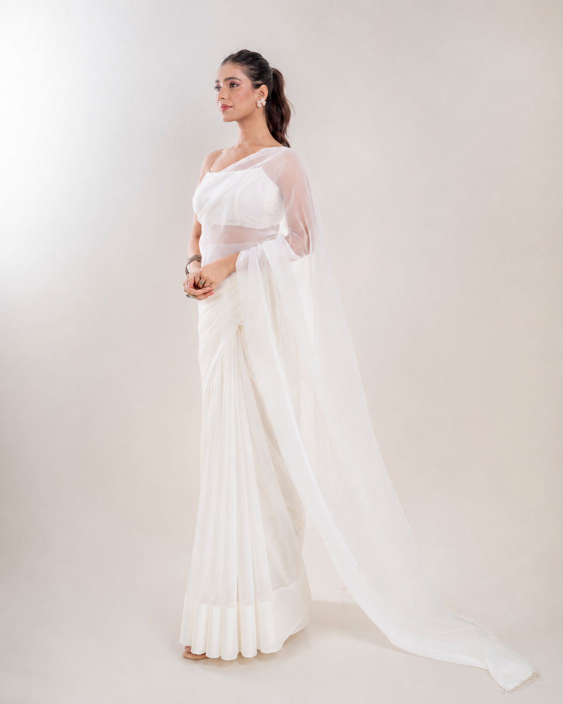 Ivory White Chiffon Saree with Handcrafted Crystal Drop Lace and Matching Blouse Piece