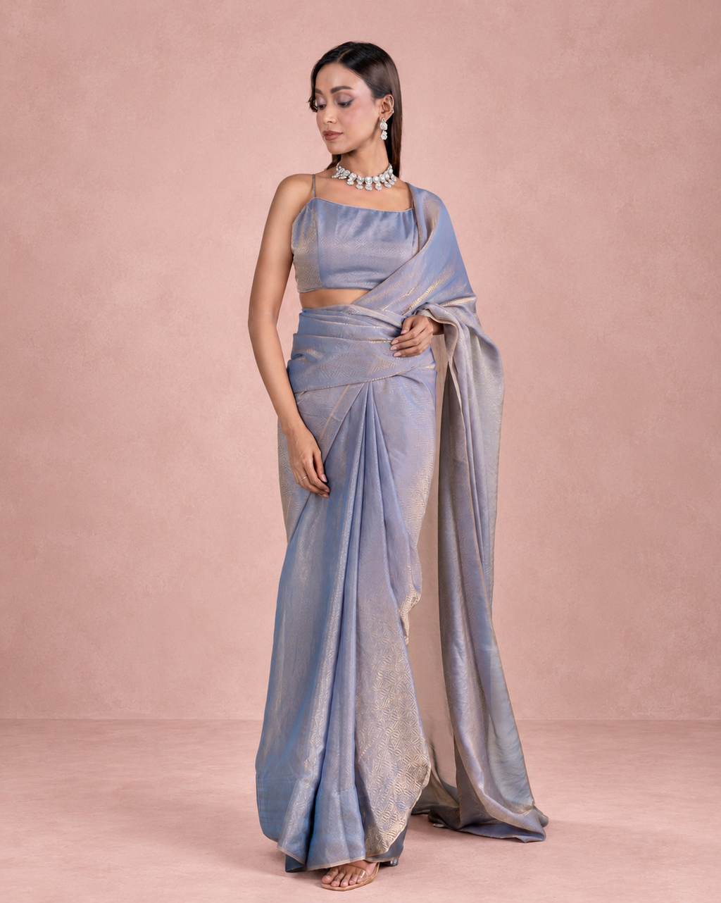 Steel Blue Fendi Satin Woven Zari Saree with Pearl Tassel Pallu and Matching Blouse Piece | Fall & Pico Ready