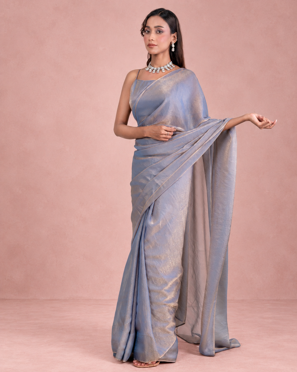 Steel Blue Fendi Satin Woven Zari Saree with Pearl Tassel Pallu and Matching Blouse Piece | Fall & Pico Ready