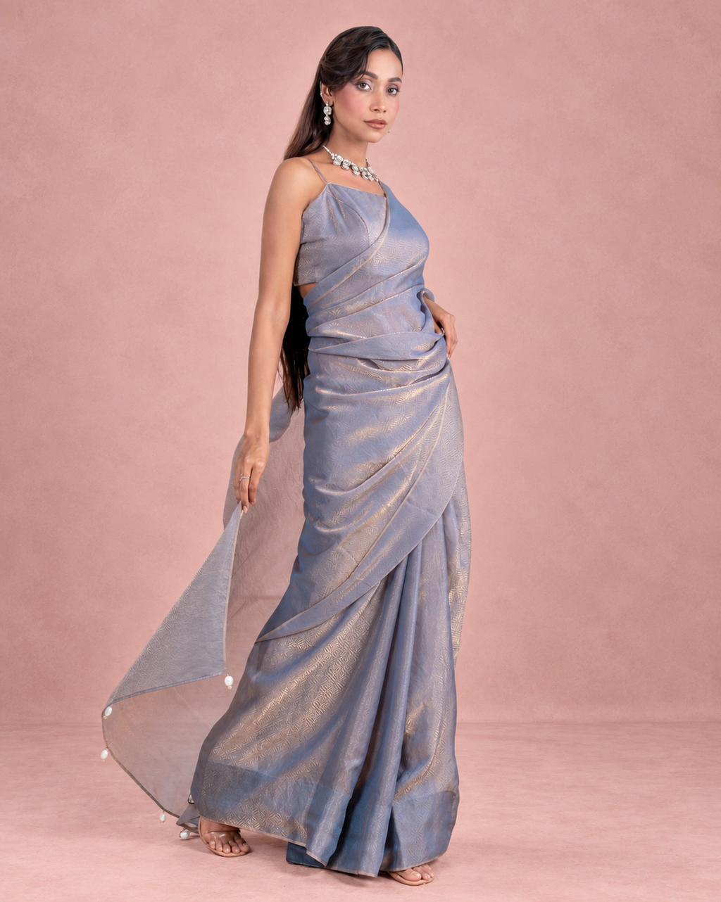 Steel Blue Fendi Satin Woven Zari Saree with Pearl Tassel Pallu and Matching Blouse Piece | Fall & Pico Ready