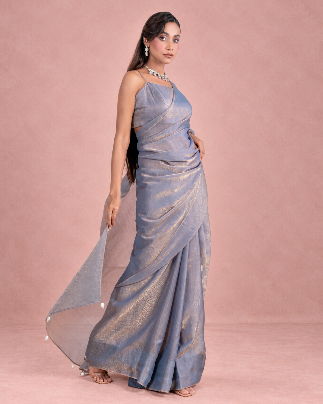 Steel Blue Fendi Satin Woven Zari Saree with Pearl Tassel Pallu and Matching Blouse Piece | Fall & Pico Ready