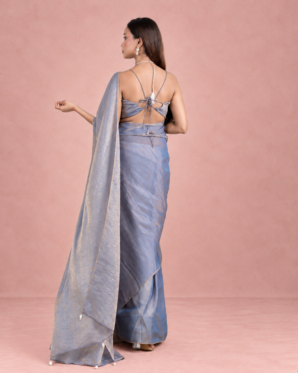 Steel Blue Fendi Satin Woven Zari Saree with Pearl Tassel Pallu and Matching Blouse Piece | Fall & Pico Ready