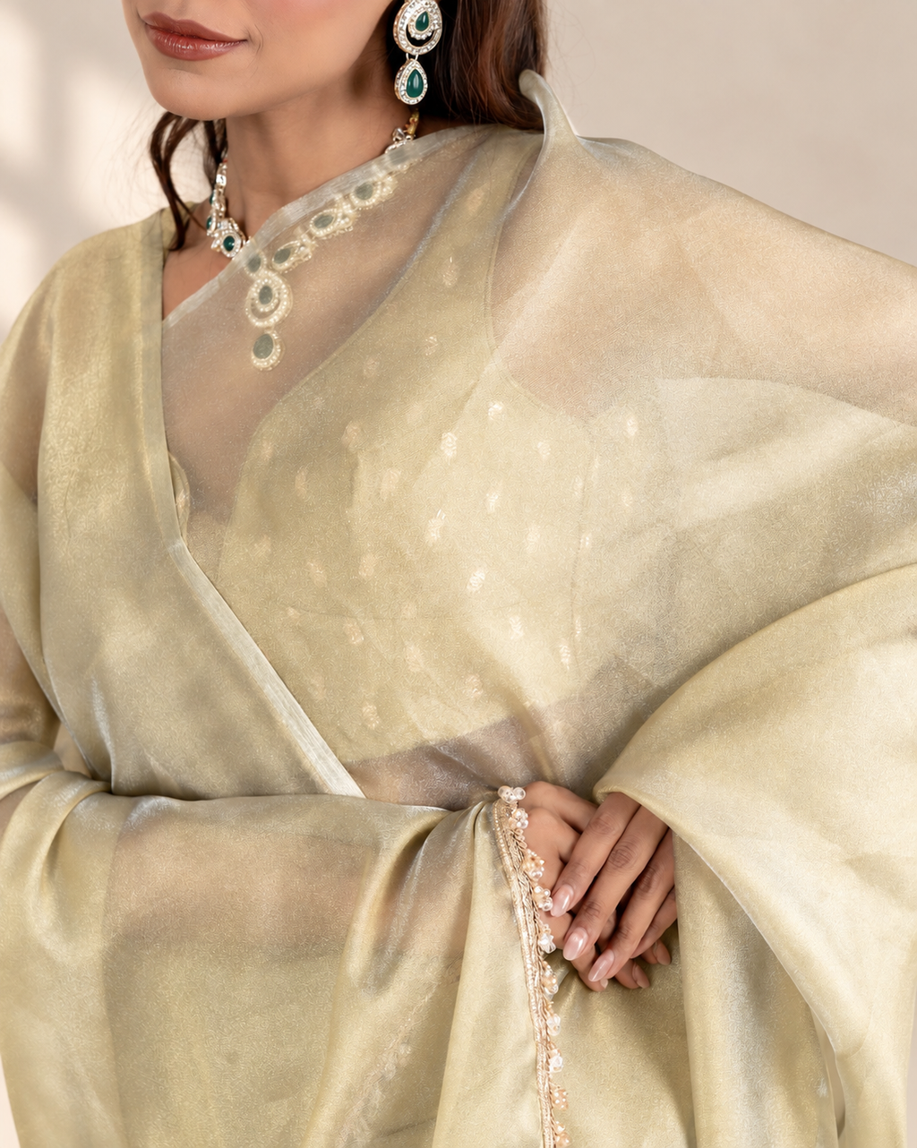 Sage Green Organza Saree with Handcrafted Crystal Beads Lace & Golden Buti Blouse Piece | Fall & Pico Ready