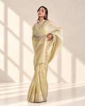 Sage Green Organza Saree with Handcrafted Crystal Beads Lace & Golden Buti Blouse Piece | Fall & Pico Ready