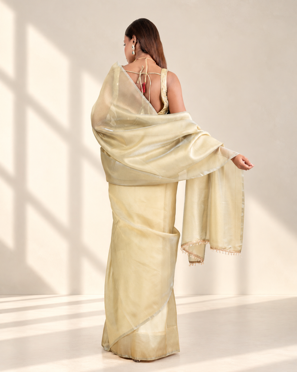 Sage Green Organza Saree with Handcrafted Crystal Beads Lace & Golden Buti Blouse Piece | Fall & Pico Ready