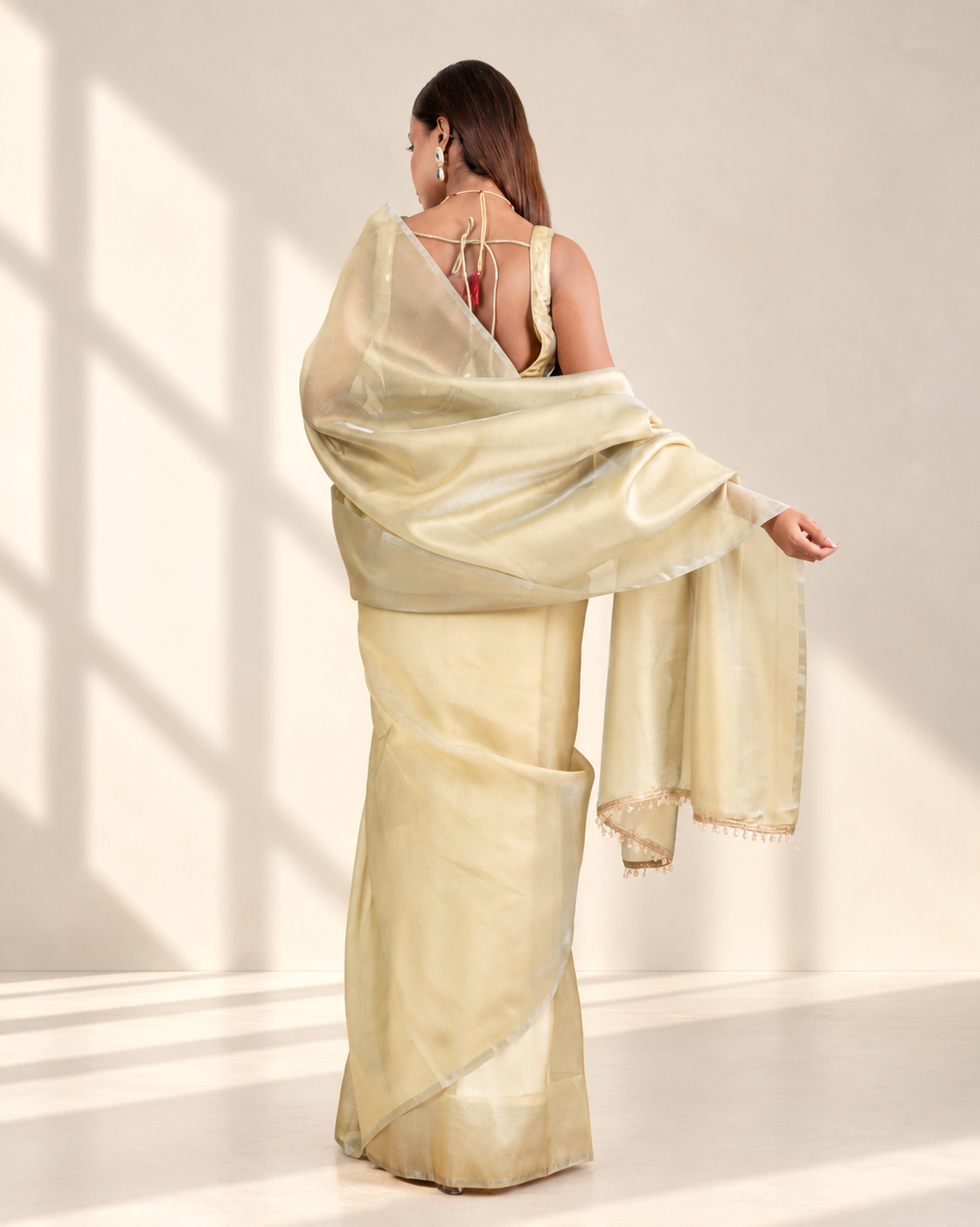 Sage Green Organza Saree with Handcrafted Crystal Beads Lace & Golden Buti Blouse Piece | Fall & Pico Ready