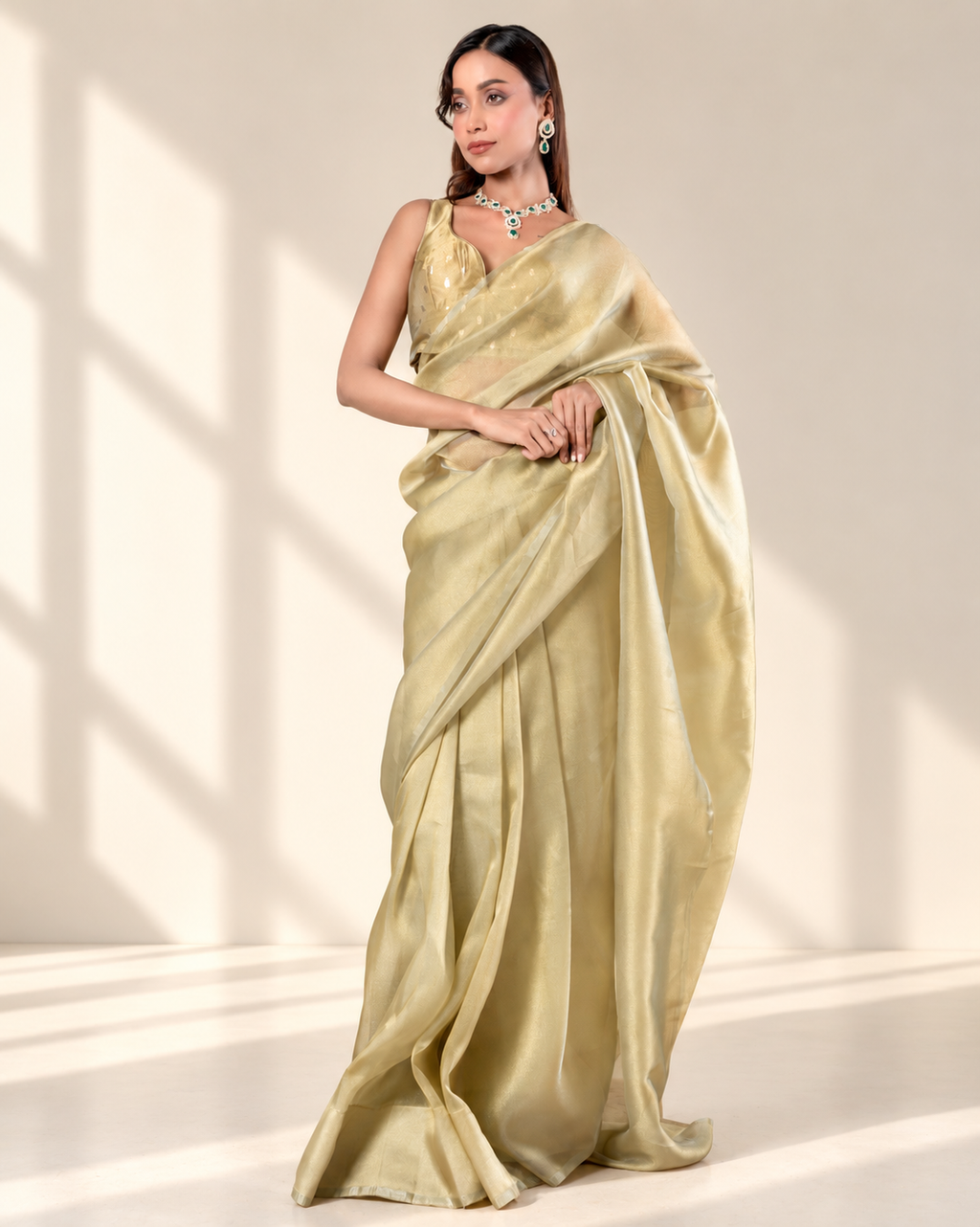 Sage Green Organza Saree with Handcrafted Crystal Beads Lace & Golden Buti Blouse Piece | Fall & Pico Ready