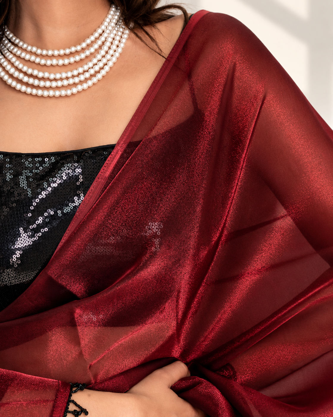 Wine Iconic Chiffon Saree with Handcrafted Black Lace and Matching Blouse Piece | Fall & Pico Ready