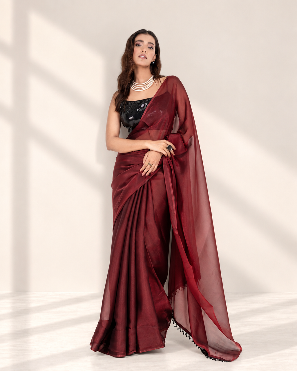 Wine Iconic Chiffon Saree with Handcrafted Black Lace and Matching Blouse Piece | Fall & Pico Ready