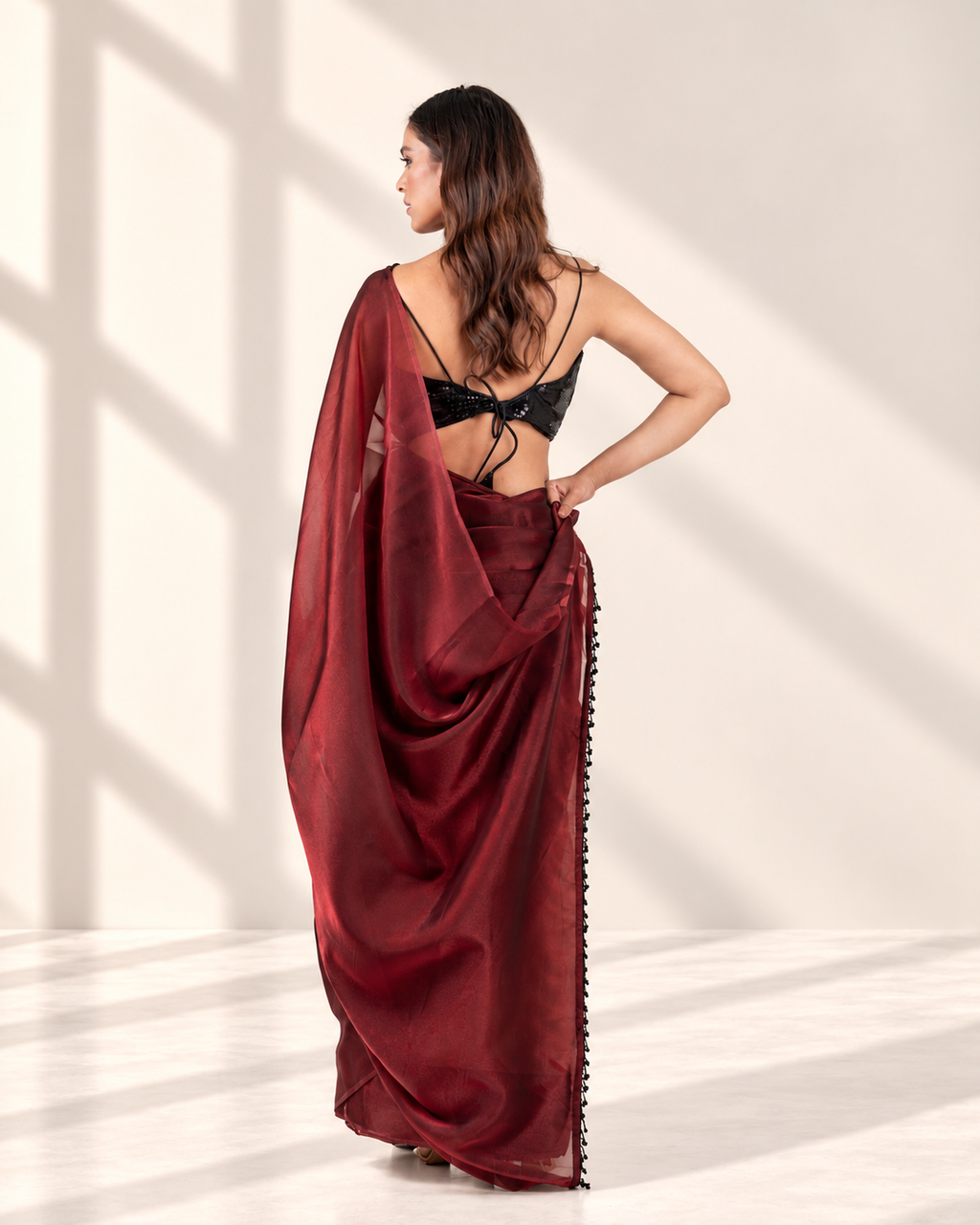 Wine Iconic Chiffon Saree with Handcrafted Black Lace and Matching Blouse Piece | Fall & Pico Ready