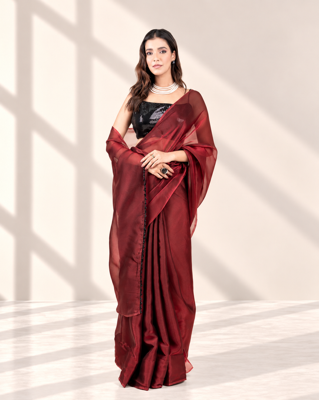 Wine Iconic Chiffon Saree with Handcrafted Black Lace and Matching Blouse Piece | Fall & Pico Ready