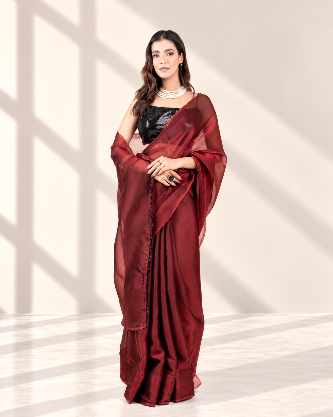 Wine Iconic Chiffon Saree with Handcrafted Black Lace and Matching Blouse Piece | Fall & Pico Ready