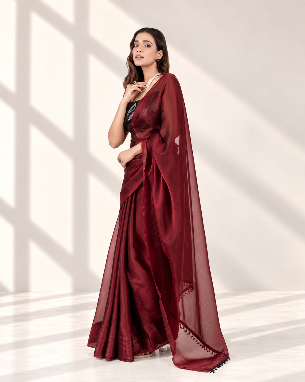 Wine Iconic Chiffon Saree with Handcrafted Black Lace and Matching Blouse Piece | Fall & Pico Ready