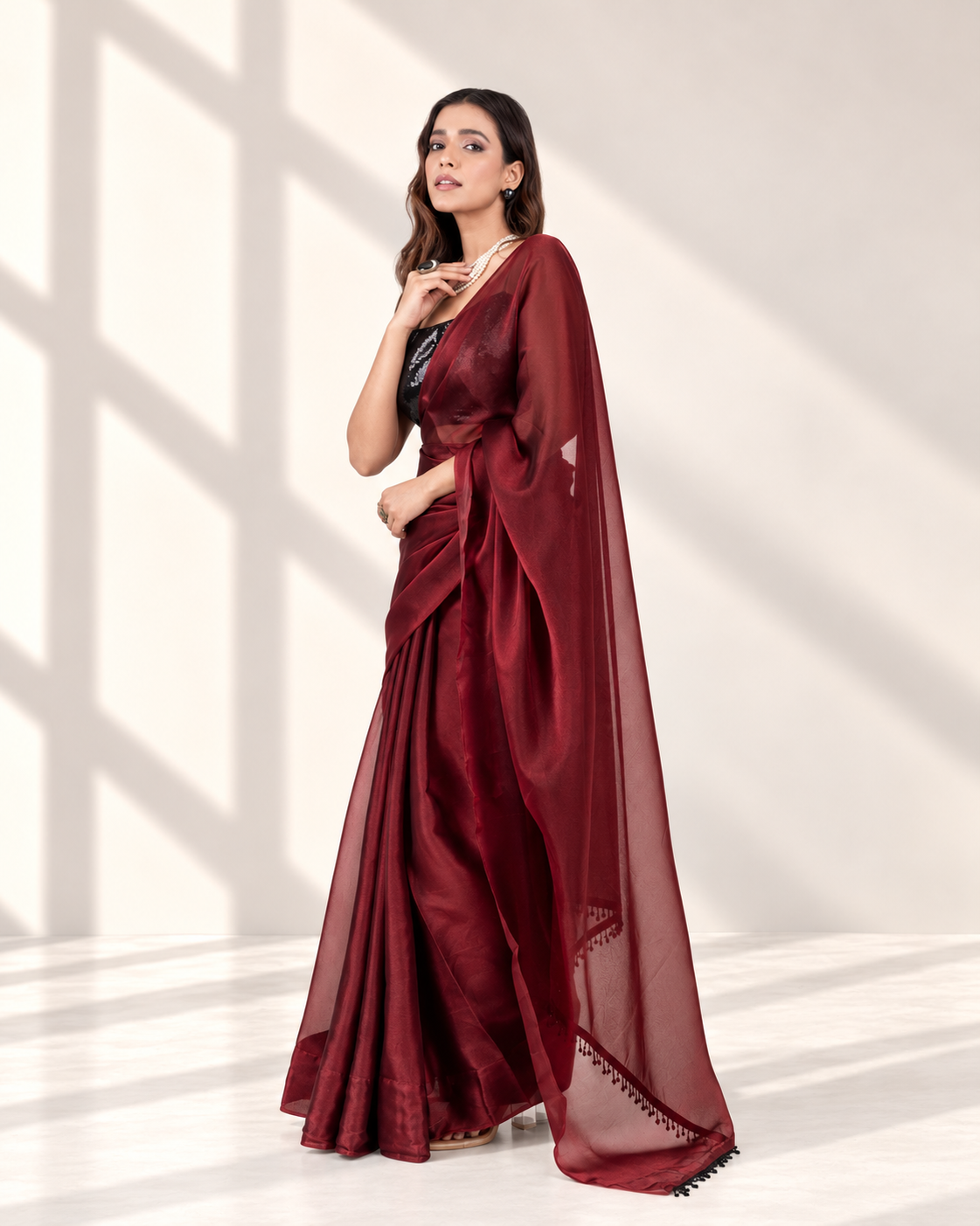 Wine Iconic Chiffon Saree with Handcrafted Black Lace and Matching Blouse Piece | Fall & Pico Ready