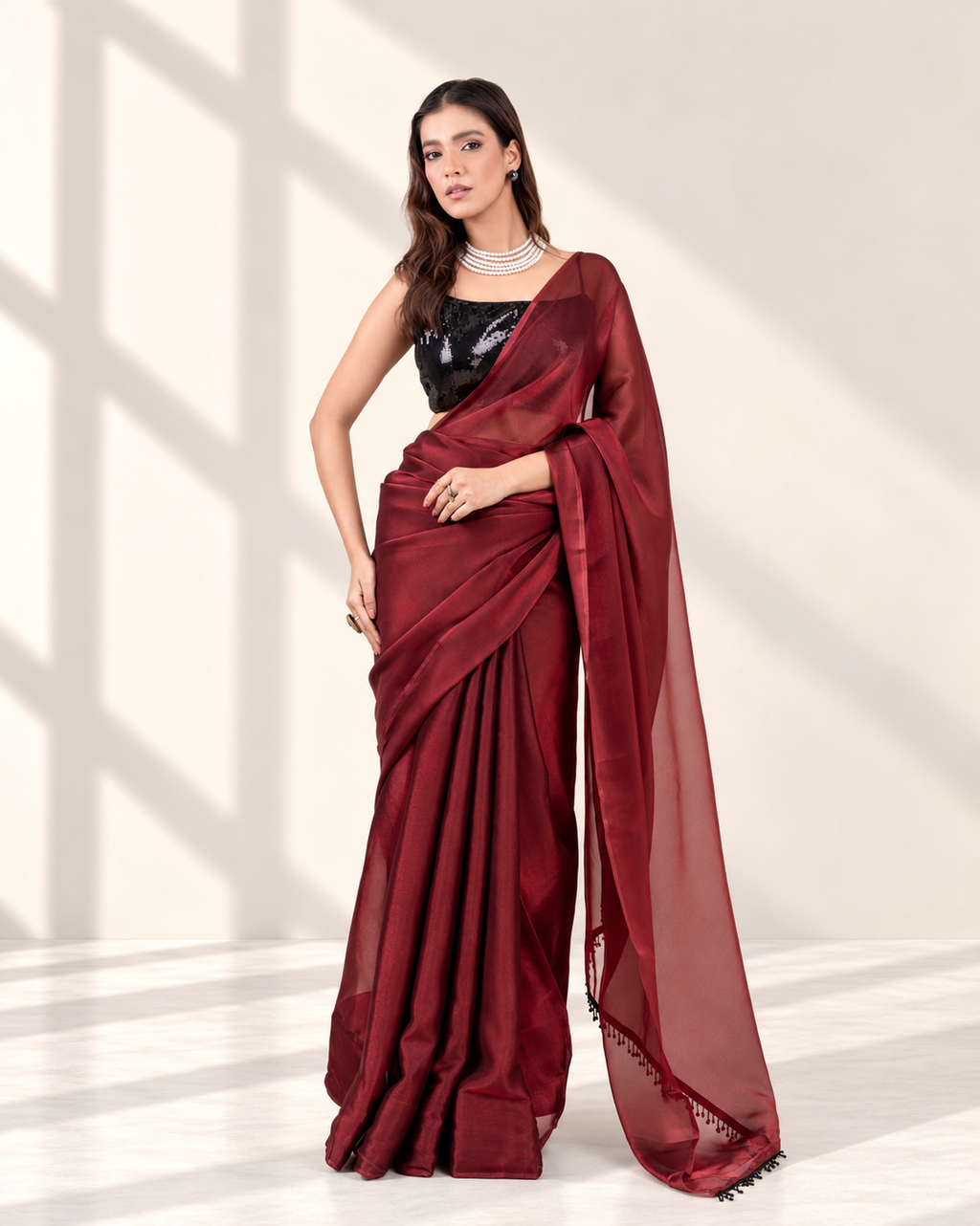 Wine Iconic Chiffon Saree with Handcrafted Black Lace and Matching Blouse Piece | Fall & Pico Ready