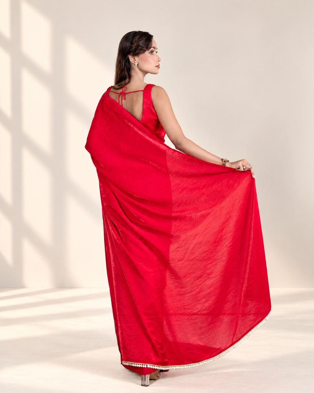 Ruby Red Cashino Saree with Handcrafted Coin Lace and Matching Blouse Piece | Fall & Pico Ready