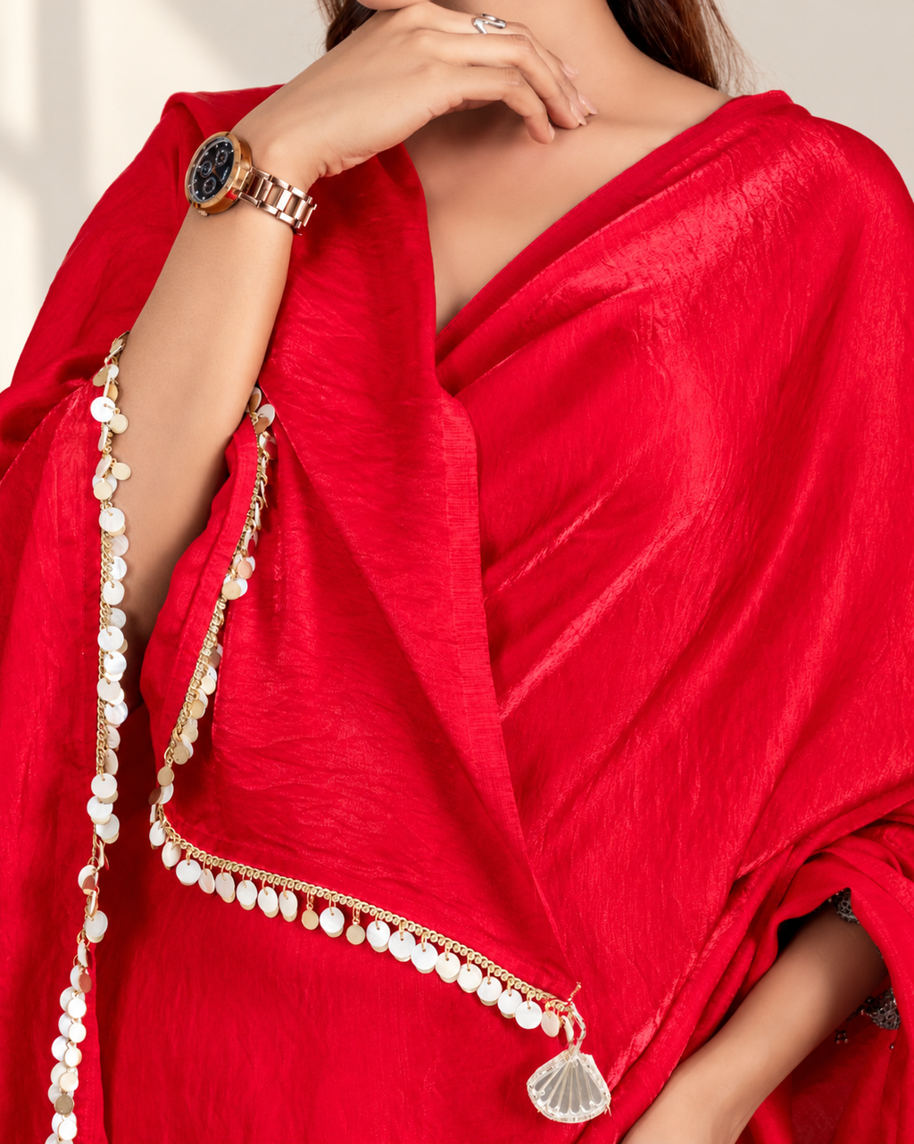 Ruby Red Cashino Saree with Handcrafted Coin Lace and Matching Blouse Piece | Fall & Pico Ready