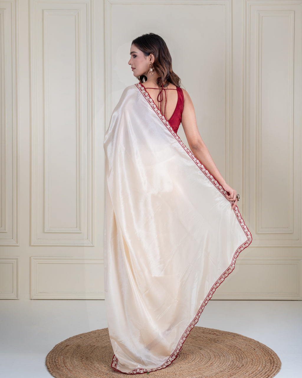 Ivory Silk Blend Saree with Maroon Embellished Border & Matching Blouse Piece