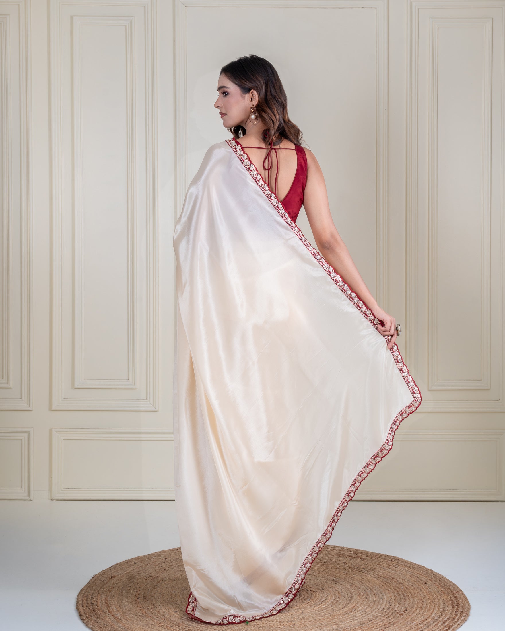Ivory Silk Blend Saree with Maroon Embellished Border & Matching Blouse Piece