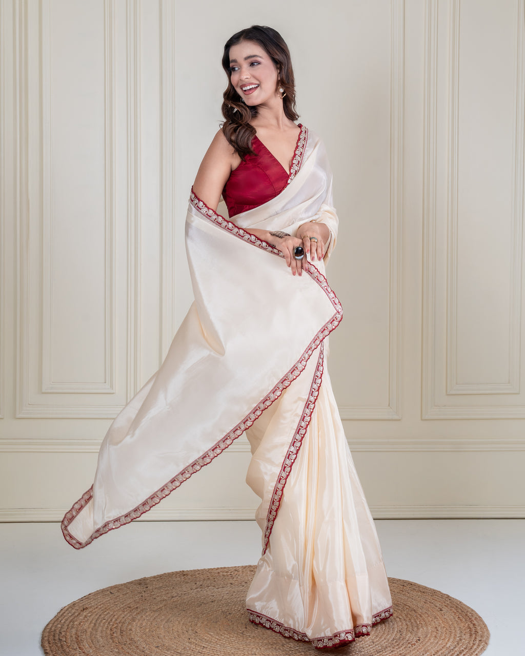 Ivory Silk Blend Saree with Maroon Embellished Border & Matching Blouse Piece