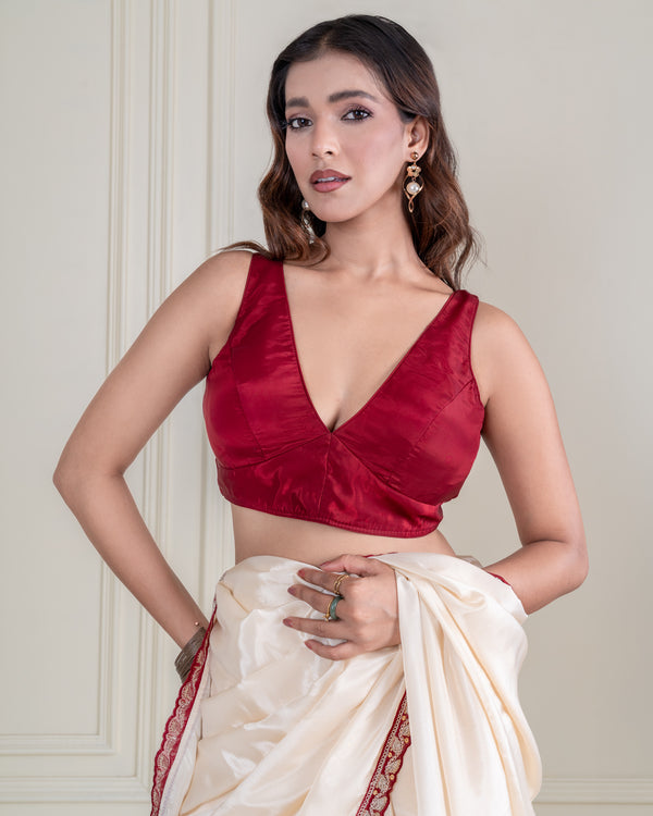 Maroon Silk Blend Deep V-Neck Blouse