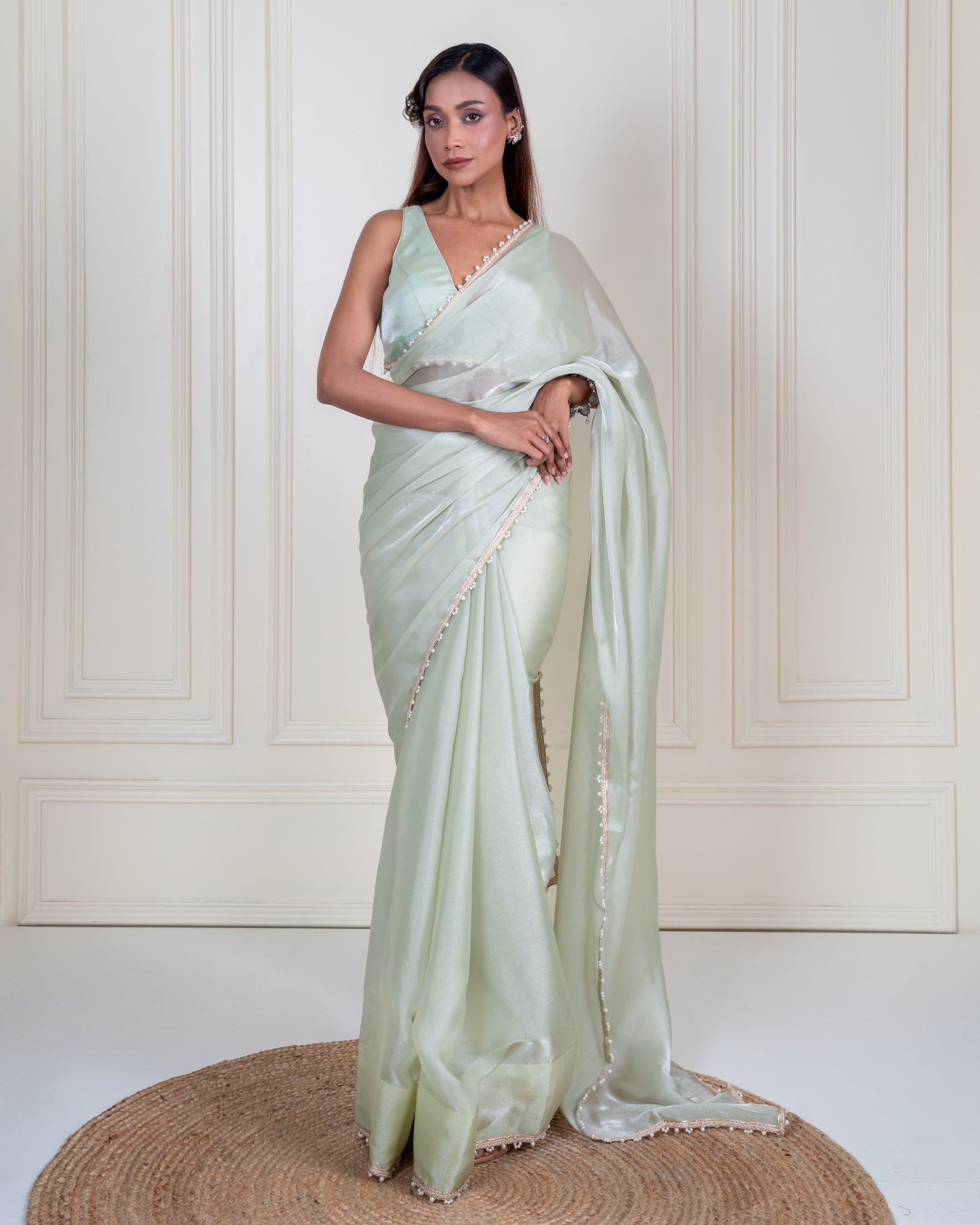 Mint Green Galaxy Organza Saree with Pearl Embellished Border & Self Blouse Piece