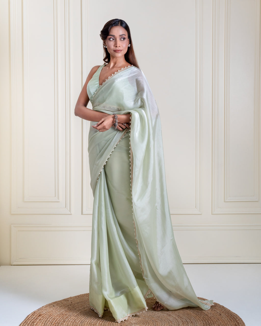 Mint Green Galaxy Organza Saree with Pearl Embellished Border & Self Blouse Piece