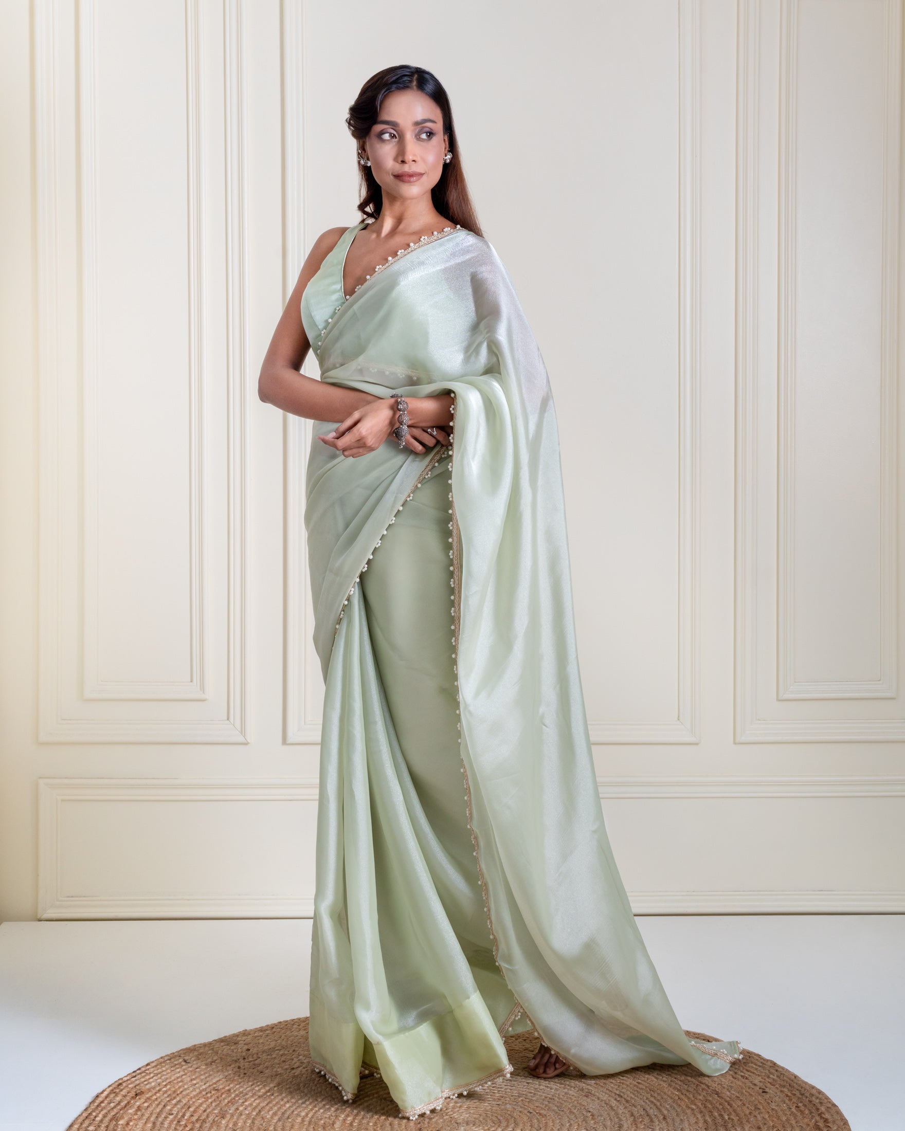 Mint Green Galaxy Organza Saree with Pearl Embellished Border & Self Blouse Piece