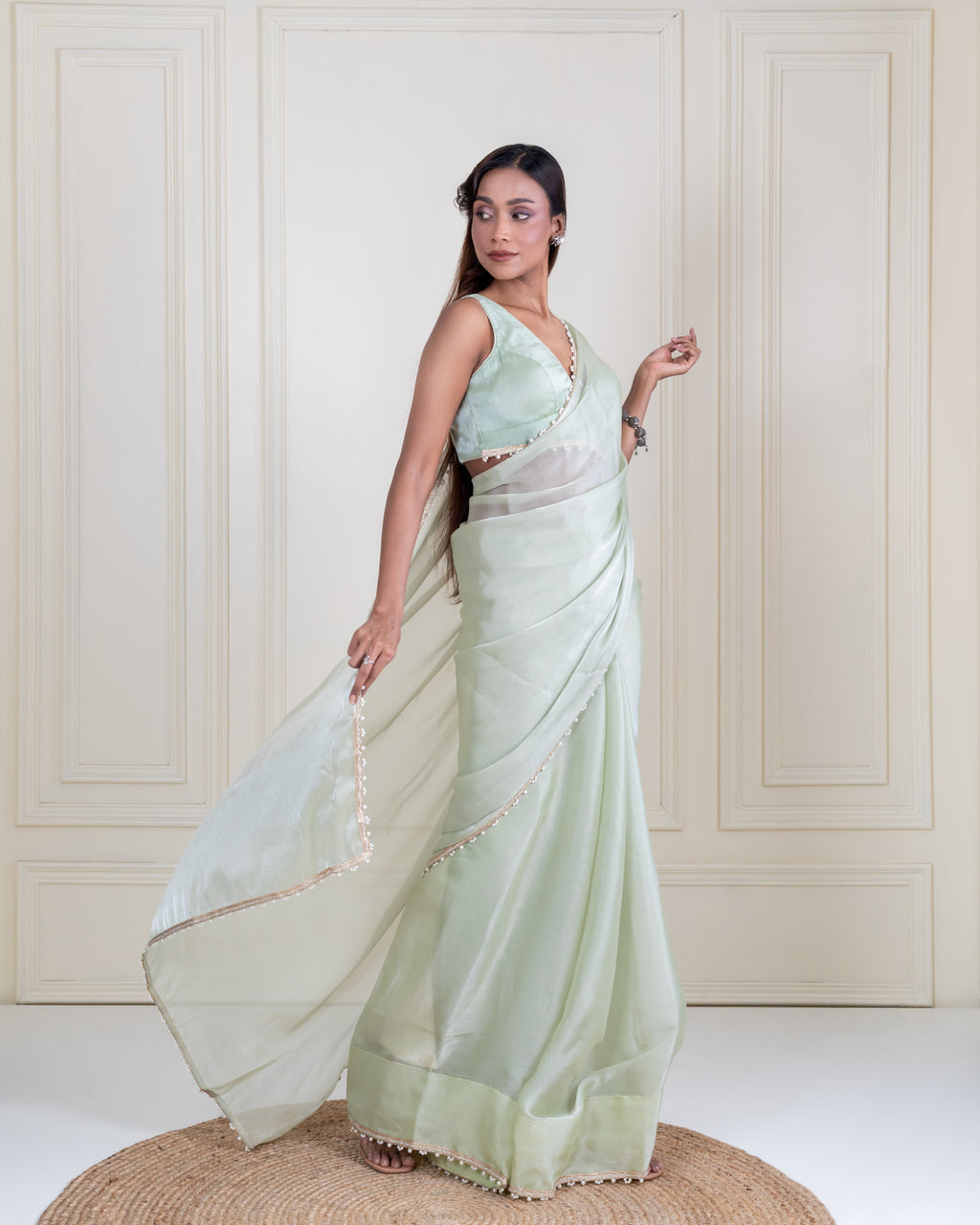 Mint Green Galaxy Organza Saree with Pearl Embellished Border & Self Blouse Piece